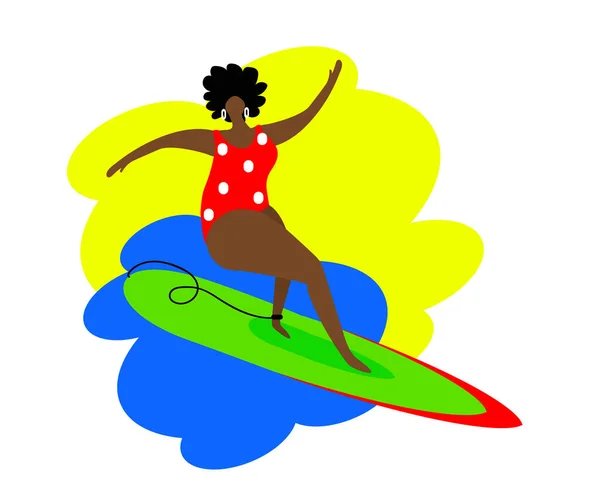 Młoda Kobieta Surfująca Desce Surfingowej Kreskówka Ilustracja Wektora — Wektor stockowy