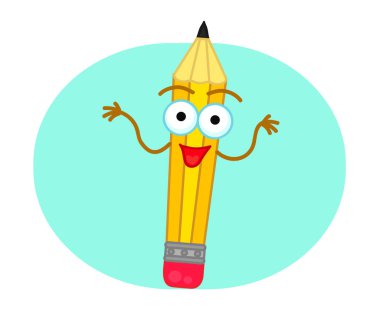 Neşeli bir kalem mavi arka planda haberleri anlatır. Karakter. Sembol. Vektör illüstrasyonu.