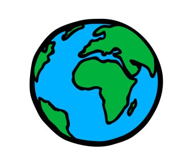 Beyaz arka planda Dünya gezegeni. Küre. Çizgi film. Vektör illüstrasyonu.