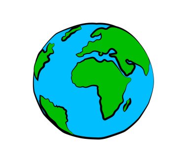 Beyaz arka planda Dünya gezegeni. Küre. Çizgi film. Vektör illüstrasyonu.