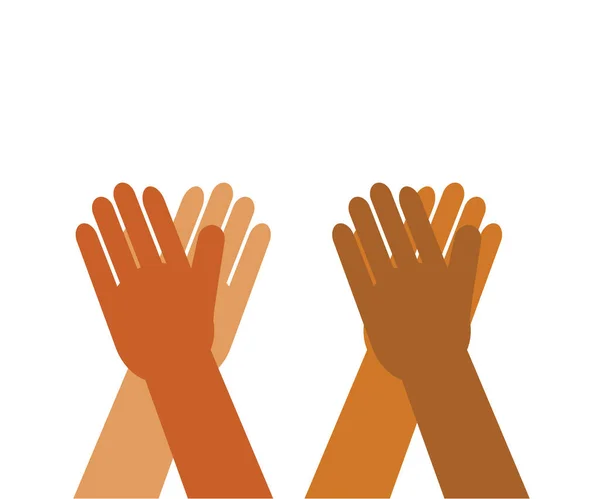 Les Mains Diverses Personnes Sont Élevées Sur Fond Blanc Symbole — Image vectorielle