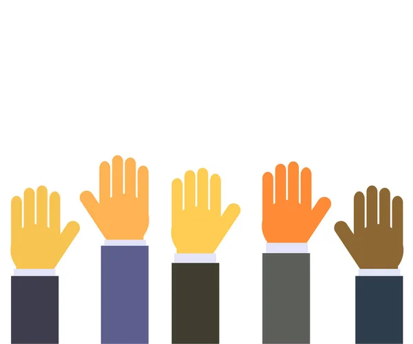 Χέρια Διαφόρων Ανθρώπων Υψώνονται Λευκό Φόντο Σύμβολο Εικονογράφηση Διανύσματος — Διανυσματικό Αρχείο