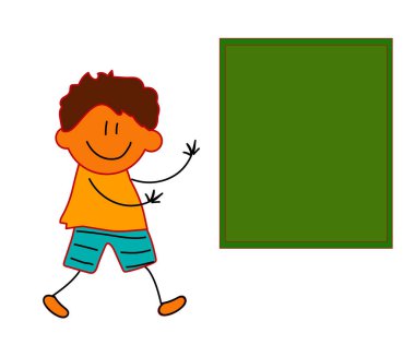 Beyaz bir arka planda erkek ve okul yönetim kurulu. Çizgi film. Vektör illüstrasyonu.