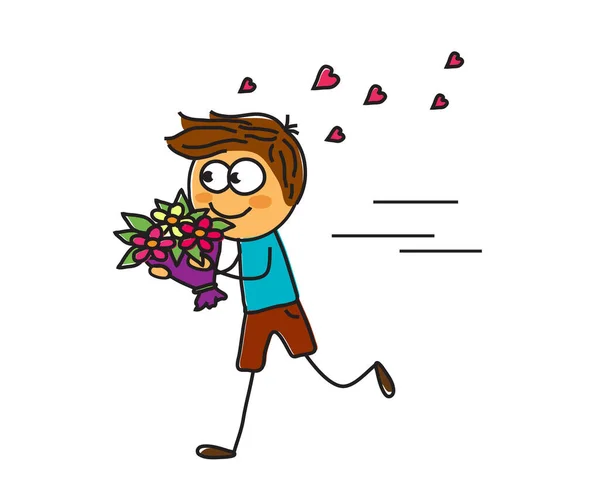 Enamored Boy Bouquet Flowers White Background Cartoon Illustration — Stock Photo, Image