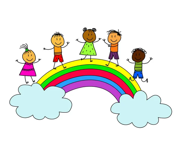 Varios Niños Juegan Arco Iris Dibujos Animados Ilustración Vectorial — Vector de stock