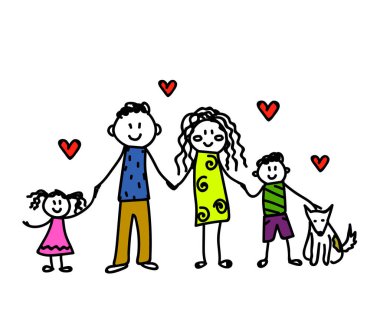 Beyaz arka planda mutlu bir aile. Çocuk çizimi. Vektör illüstrasyonu.