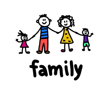 Beyaz arka planda mutlu bir aile. Çocuk çizimi. Vektör illüstrasyonu.