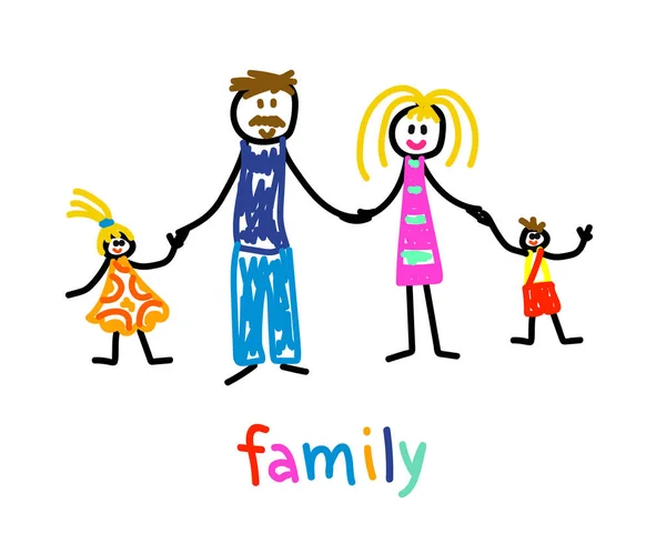 Glückliche Familie Auf Weißem Hintergrund Kinderzeichnung Vektorillustration — Stockvektor