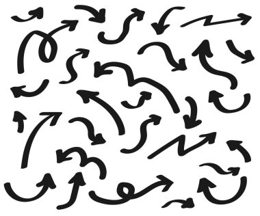 Beyaz zemin üzerinde çeşitli oklar koleksiyonu. Robot resim. Vektör illüstrasyonu.