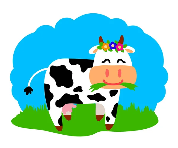Happy Cow Grazes Meadow Cartoon Vector Illustration — Διανυσματικό Αρχείο