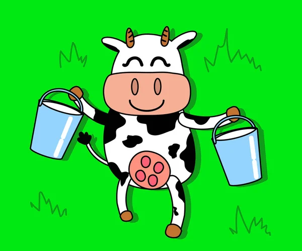 Vaca Con Cubo Leche Sobre Fondo Verde Dibujos Animados Ilustración — Vector de stock