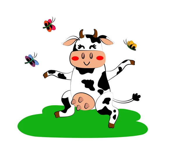 Vaca Alegre Mariposas Dibujos Animados Ilustración Vectorial — Vector de stock