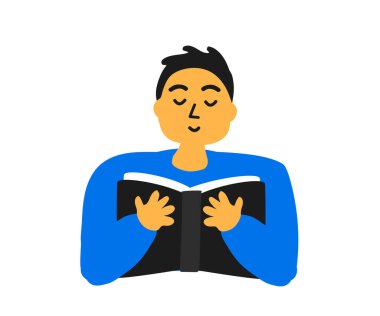 Adam beyaz arka planda bir kitap okuyor. Çizgi film. Vektör illüstrasyonu.