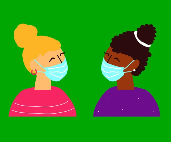 Two Women Medical Masks Green Background Cartoon Vector Illustration — Stock Vector