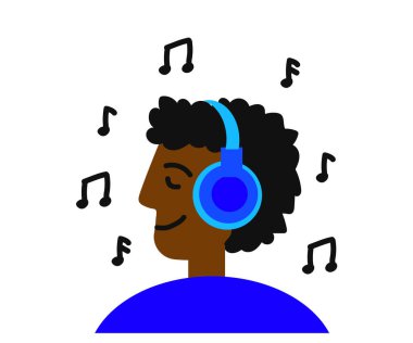 Bir adam kulaklıkla müzik dinler. Çizgi film. Vektör illüstrasyonu.