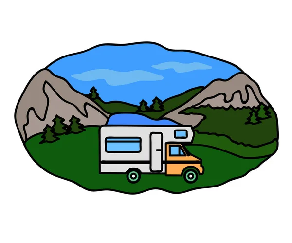 Mobilmobile Casa Com Montanhas Fundo Vida Útil Caravana Desenhos Animados — Vetor de Stock