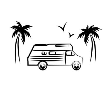 Palmiye ağaçlarının arka planında gezici ev. Sembol. Vektör illüstrasyonu.