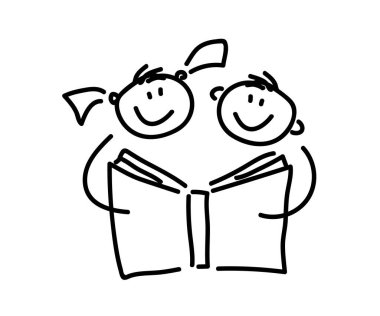 Çocuklar bir kitap okuyor. Robot resim. Vektör illüstrasyonu.