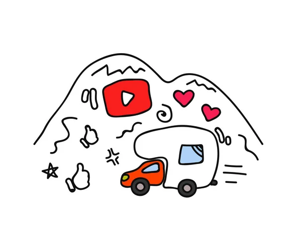 Tekerlekli ev. YouTube düğmesi. Iwonki. Vektör illüstrasyonu.