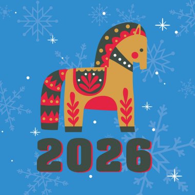 Mavi arka planda, Scythian tarzında yıldızlı ve kar taneli bir atın vektör görüntüsü. Çin takvimi, at yılı..