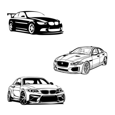 Bir sürü araba. Beyaz arkaplandaki izole vektör çizimleri. Araba, araba, otomobil. düz dizayn.