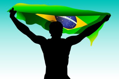 Rio. 2016 Brezilya oyunları illüstrasyon koşucu Brezilya bayrağı ile. Yaz spor oyunları 2016 - yeşil, sarı, mavi rengini. Renkli şekiller ve çizgiler. Yaz Brezilya spor arka plan. 
