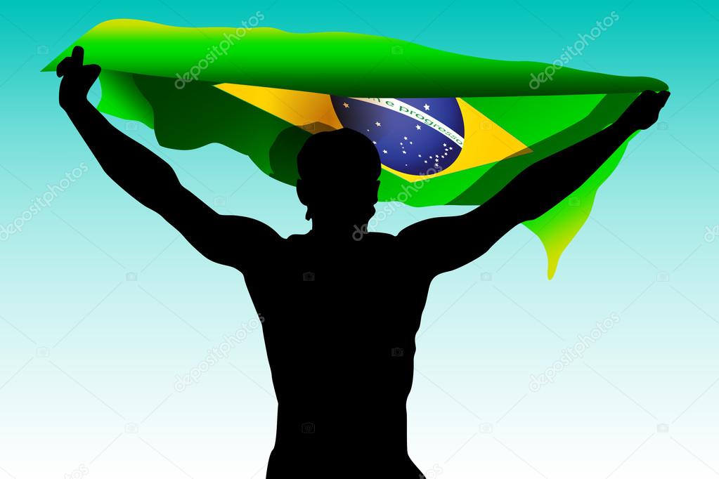 Rio. 2016 Brazil Games illustration runner with brazilian flag. Summer colour of athletic games 2016 - Green, yellow, blue. Colour shapes and lines. Summer Brazilian Sport background. 