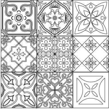 Dokuz siyah beyaz fayans kümesi.