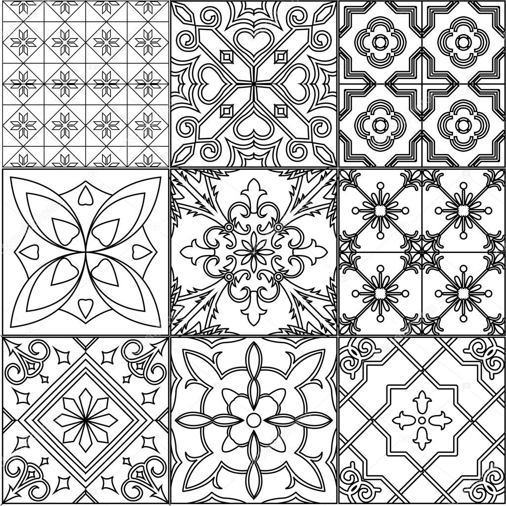 Set of nine black and white tiles.