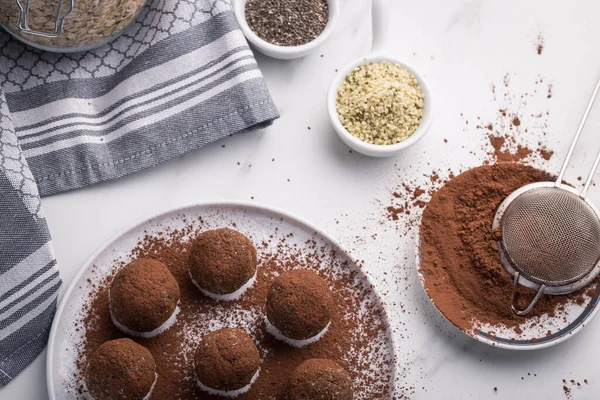 Dessert Boulettes Maison Santé Base Flocons Avoine Dattes Beurre Arachide Images De Stock Libres De Droits