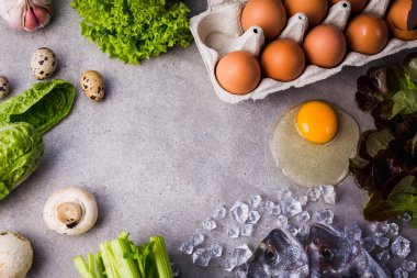 Lezzetli ve sağlıklı yiyecekler için çiğ yemek malzemeleri çerçevesi. Buzlu taze dorado balığı, sebzeler, gri beton arka plan manzaralı yumurtalar..