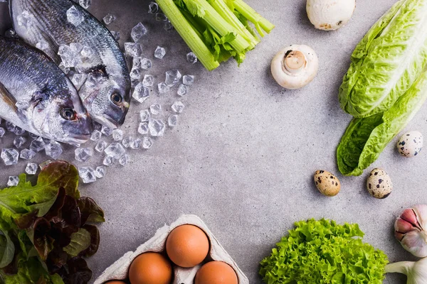 Lezzetli Sağlıklı Yiyecekler Için Çiğ Yemek Malzemeleri Çerçevesi Buzlu Taze — Stok fotoğraf