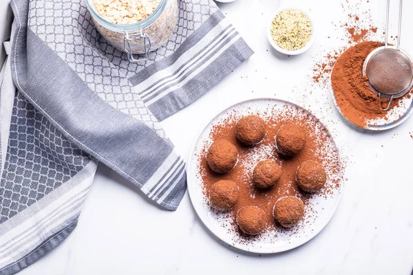 Healthy Homemade Power Balls Dessert Made Oatmeal Dates Peanut Butter — Stock Photo, Image