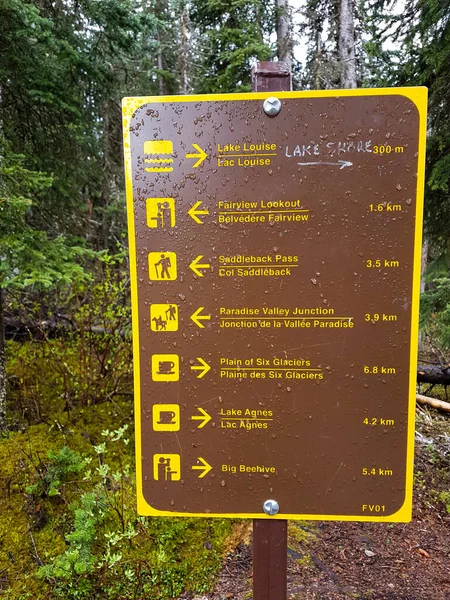 Hiking signs at the lake Louise in Canada. Nobody