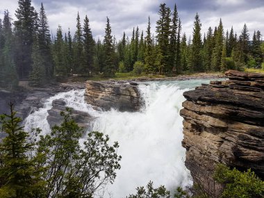 Athabasca Şelalesi manzarası Alberta, Kanada 'da. Bulutlu