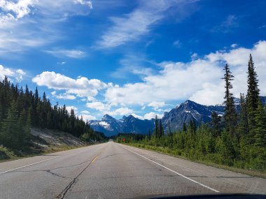 Alberta, Kanada 'daki buzul parkı yolundan görüntüyü izliyoruz. Kimse.