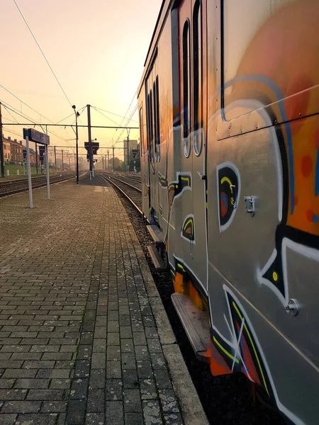 Tren Pasajeros Con Graffitis Estación Atardecer Nadie Imágenes De Stock Sin Royalties Gratis