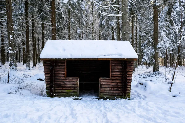 Small wooden shelter in snowy forest. Nobody