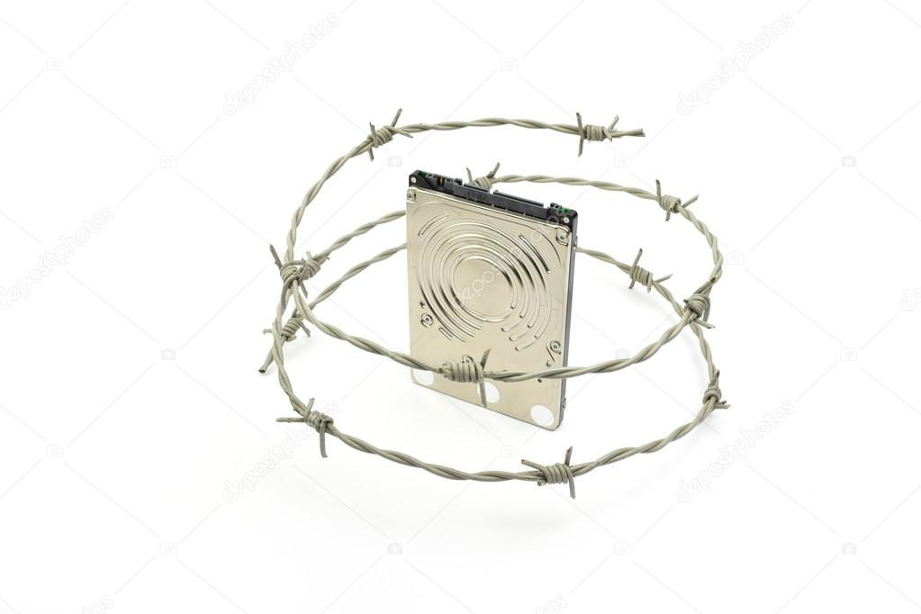 Harddisk behind barbwire - illustration of data security concept
