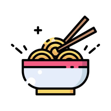 Çin Uzun Yaşam Eriştesi Kasesi. Geleneksel Ay Yeni Yıl Yemekleri ve Çubuklar Düz Çizgi Simgesi