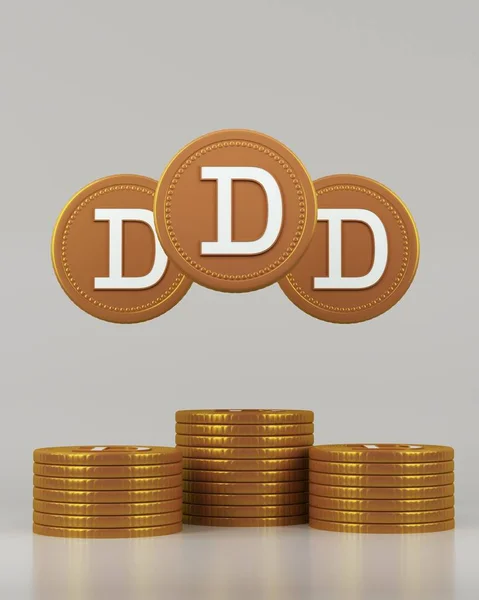 the golden coin dogecoin in cryptocurrency technology on gray backround. 4 stack of golden coin dogecoin cryptocurency