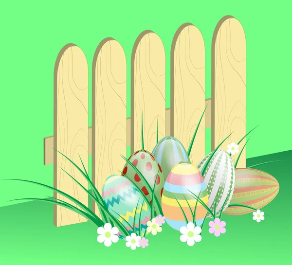 Seis huevos de Pascua en la hierba / cerca de madera — Vector de stock