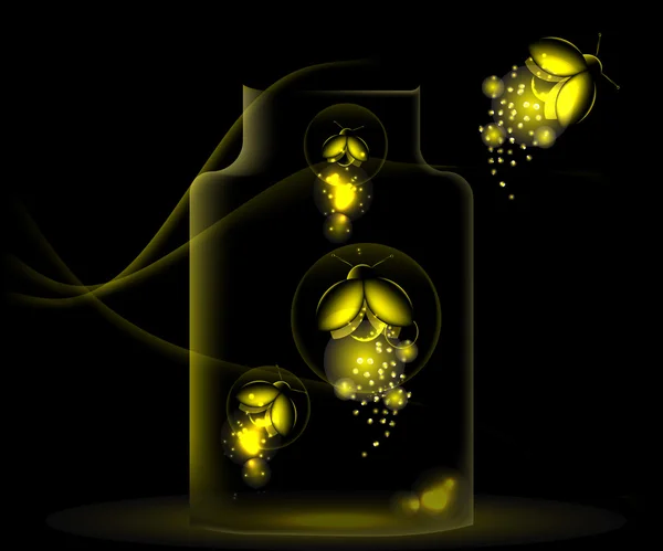 Night fireflies sitting in a glass jar — Stock Vector