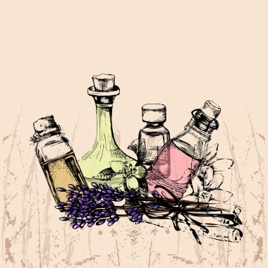 the concept of aromatherapy and massage with four bottles of ess clipart