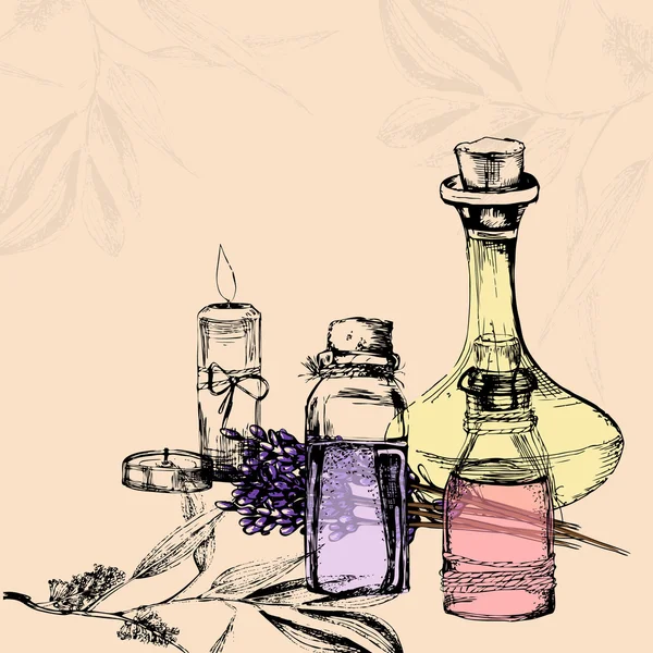Vektor illustration av flaskor med eterisk olja, stearinljus, lave — Stock vektor