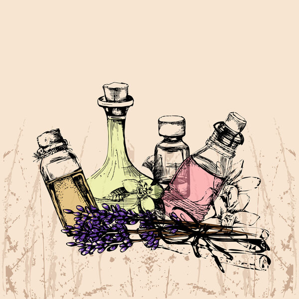 the concept of aromatherapy and massage with four bottles of ess