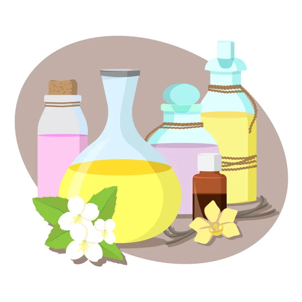 Set vectorial de cinco frascos con aceites esenciales para aromaterapia — Vector de stock