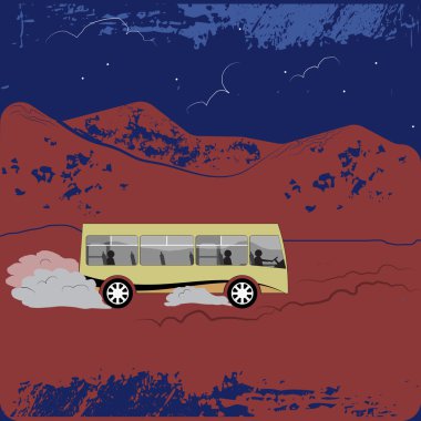 yellow bus rides through the desert clipart