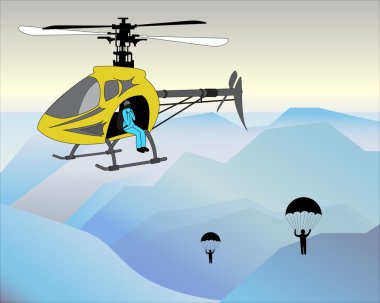 Dağlarda bir helikopterden paraşüt atlama
