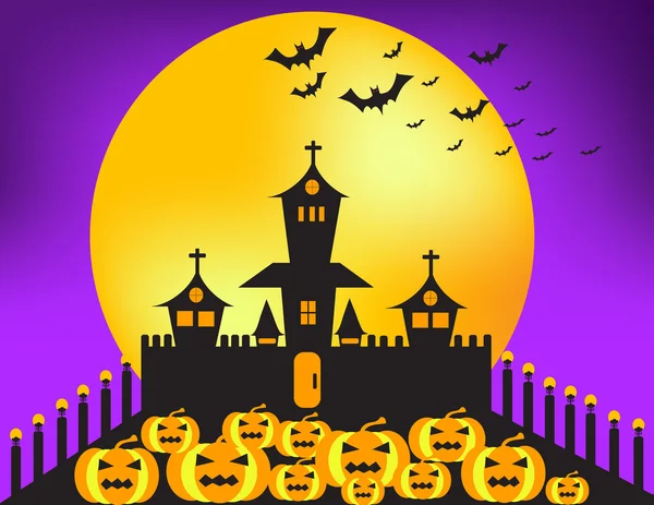 Pumpkin,castle, bat and moon in the night .castle on purple background.